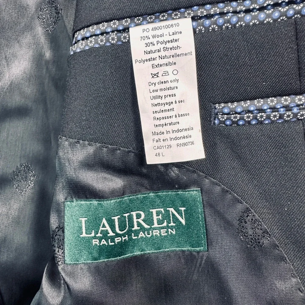 Lauren Ralph Lauren 2 Piece Suit 48L 42x32 Black Wool Blend Pleated Pant